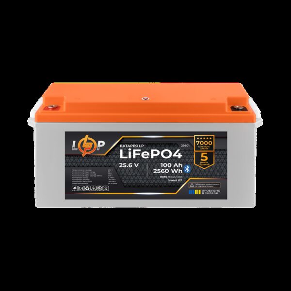 Аккумулятор LP LiFePO4 25,6V 100 Ah (2560Wh) (BMS 100A/50А) пластик Smart BT